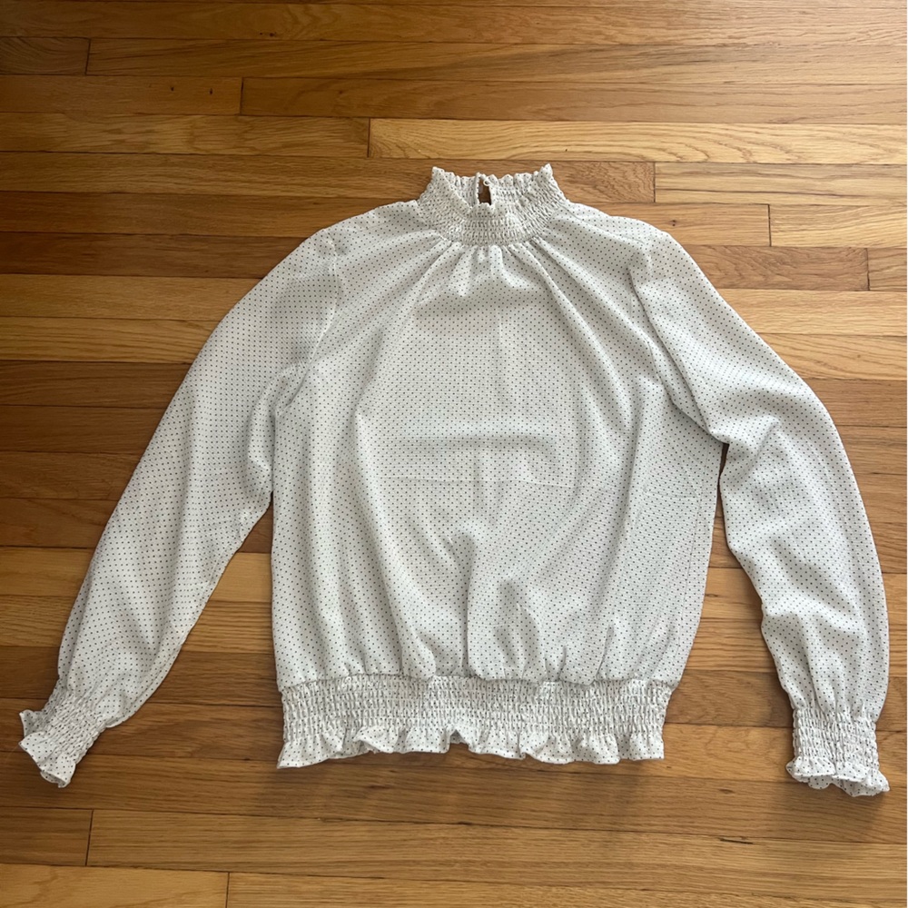 Adrianna Papell White Polka Dog Smocked Turtle Neck Blouse